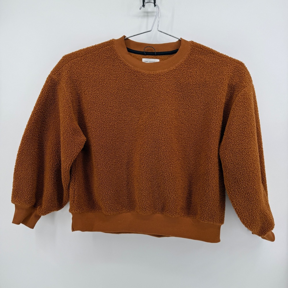 Free Assembly Sweatshirt Womens L Brown Solid Polyester Sherpa Fleece Crew Neck